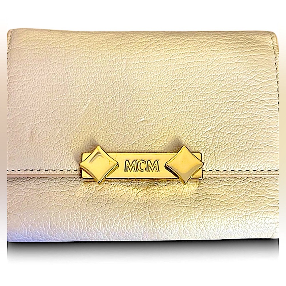 MCM WORLDWIDE beige ivory leather wallet with gold hardware tri fold